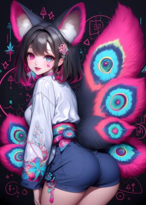 Vibrant Anime Girl with Peacock Feathers - Premium Wooden Framed Poster. Ready to Hang.