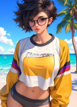 Anime Girl Beach Portrait: Sunny Vibes - Premium Wooden Framed Poster. Ready to Hang.