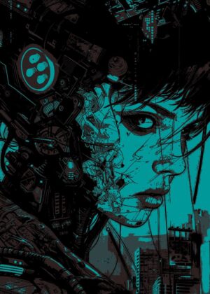 Cyberpunk Anime Girl Art Print: Digital Dreams - Premium Wooden Framed Poster. Ready to Hang.