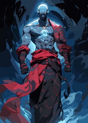 Blue-Skinned Warrior: Digital Art Print - Premium Wooden Framed Poster. Ready to Hang.