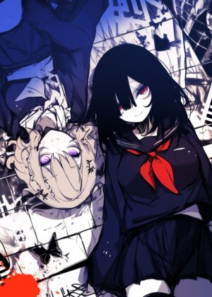 Anime Girl with Crimson Eyes: Mysterious Duo - Premium Wooden Framed Poster. Ready to Hang.