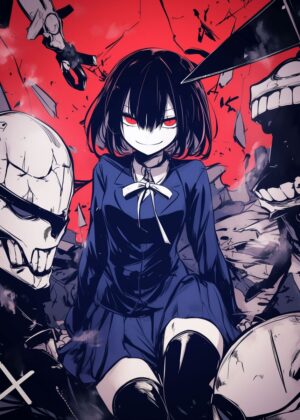 Anime Girl and Skull Art Print - Premium Wooden Framed Poster. Ready to Hang.