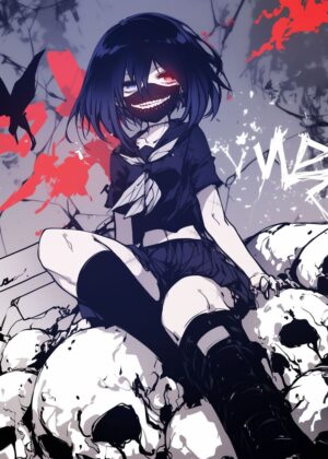 Anime Girl on a Throne of Skulls - Premium Wooden Framed Poster. Ready to Hang.