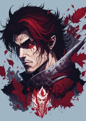 Crimson-Haired Dark Fantasy Warrior - Premium Wooden Framed Poster. Ready to Hang.