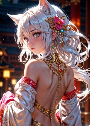 Enchanting White-Haired Kitsune Princess - Premium Wooden Framed Poster. Ready to Hang.