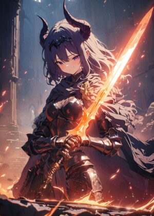 Anime Demon Knight: Fiery Battle Art Print - Premium Wooden Framed Poster. Ready to Hang.