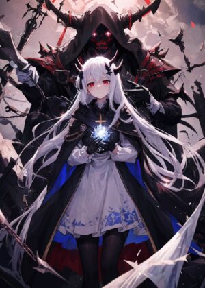 Anime Girl and Demon: Dark Fantasy Artwork - Premium Wooden Framed Poster. Ready to Hang.