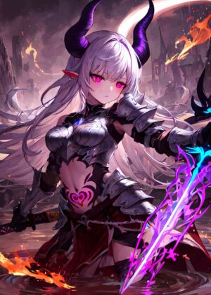 Anime Demon Warrior: Fierce and Beautiful Digital Art Print - Premium Wooden Framed Poster. Ready to Hang.