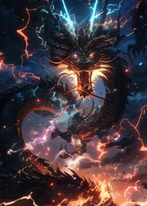 Majestic Black Dragon Unleashed in a Storm of Lightning - Premium Wooden Framed Poster. Ready to Hang.