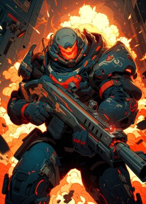 Cyberpunk Soldier: Digital Art Print - Premium Wooden Framed Poster. Ready to Hang.