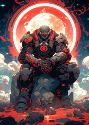 Red Mech Warrior: Sci-Fi Digital Art Print - Premium Wooden Framed Poster. Ready to Hang.
