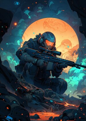Sci-Fi Sniper: Digital Artwork Print - Premium Wooden Framed Poster. Ready to Hang.