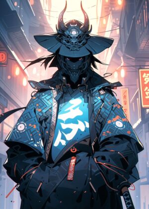 Cyberpunk Samurai: Neon-Drenched Streets - Premium Wooden Framed Poster. Ready to Hang.