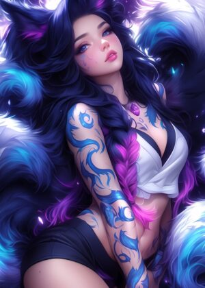 Stunning Blue-Haired Anime Girl Art Print - Premium Wooden Framed Poster. Ready to Hang.