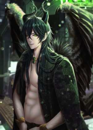 Green-Eyed Demon with Wings: Fantasy Art Print - Premium Wooden Framed Poster. Ready to Hang.