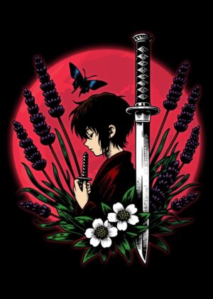 Samurai Girl and Lavender Moon - Premium Wooden Framed Poster. Ready to Hang.