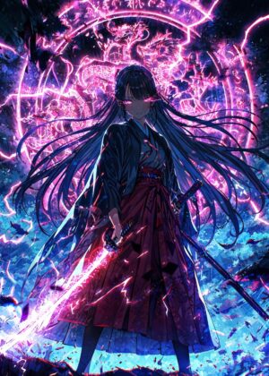 Anime Swordswoman: Fierce Warrior Digital Art Print - Premium Wooden Framed Poster. Ready to Hang.