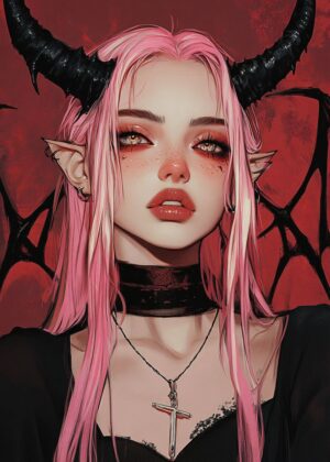 Pink-Haired Demoness Succubus Art Print - Premium Wooden Framed Poster. Ready to Hang.