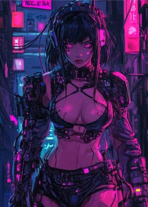Cyberpunk Anime Girl: Neon Nights - Premium Wooden Framed Poster. Ready to Hang.