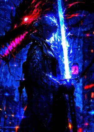 Anime Warrior with Glowing Sword in Cyberpunk City - Premium Wooden Framed Poster. Ready to Hang.