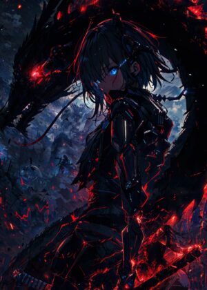 Anime Girl and Dragon: Dark Fantasy Art Print - Premium Wooden Framed Poster. Ready to Hang.