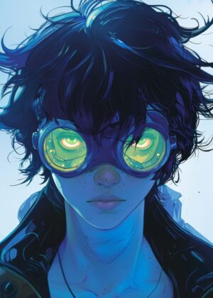 Cyberpunk Goggles: Blue and Green Digital Art Print - Premium Wooden Framed Poster. Ready to Hang.