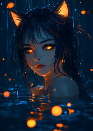Anime Girl with Cat Ears in the Rain: Digital Art Print - Premium Wooden Framed Poster. Ready to Hang.