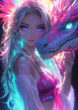 Anime Girl and Dragon: A Fantasy Masterpiece - Premium Wooden Framed Poster. Ready to Hang.