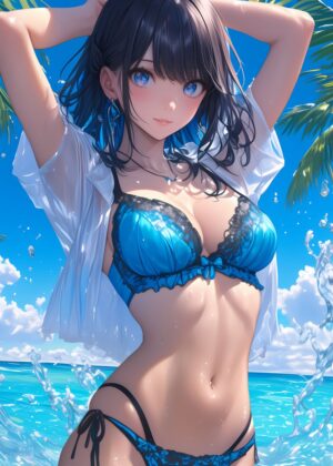 Anime Girl Summer Beach Scene - Premium Wooden Framed Poster. Ready to Hang.