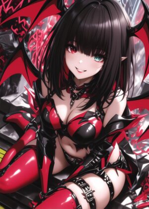 Anime Devil Girl: Red & Black Temptation - Premium Wooden Framed Poster. Ready to Hang.