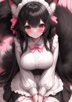 Adorable Anime Maid with Cat Ears Artwork - Premium Wooden Framed Poster. Ready to Hang.