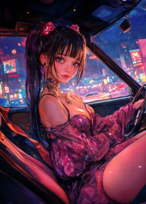 Cyberpunk Anime Girl Driving at Night - Premium Wooden Framed Poster. Ready to Hang.