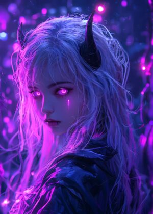 Cyberpunk Demon Girl: Neon Dreams - Premium Wooden Framed Poster. Ready to Hang.