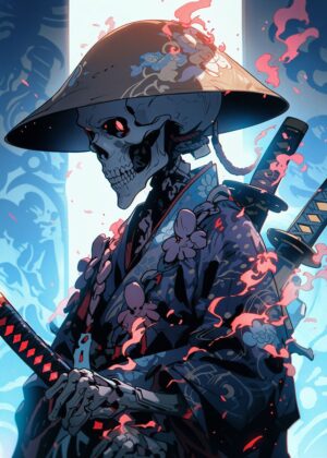 Samurai Skeleton: A Digital Art Print - Premium Wooden Framed Poster. Ready to Hang.
