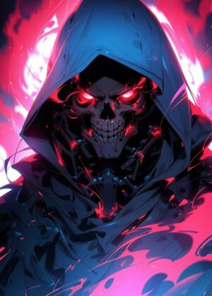 Cyberpunk Skull: Red Eyes Digital Art Print - Premium Wooden Framed Poster. Ready to Hang.