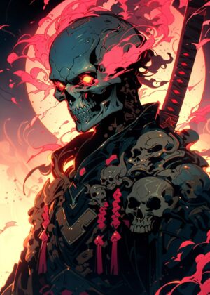 Fiery Skull Samurai: Digital Art Print - Premium Wooden Framed Poster. Ready to Hang.