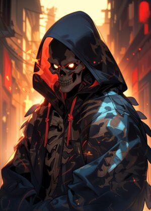 Fiery Skeleton in Hoodie: Digital Art Print - Premium Wooden Framed Poster. Ready to Hang.