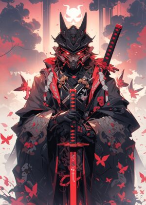 Cyberpunk Samurai: Digital Art Print - Premium Wooden Framed Poster. Ready to Hang.