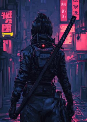 Cyberpunk Samurai: Neon Streets - Premium Wooden Framed Poster. Ready to Hang.