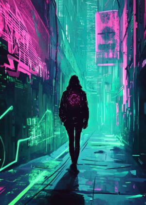 Neon City Wanderer: Cyberpunk Art Print - Premium Wooden Framed Poster. Ready to Hang.