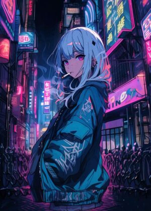 Cyberpunk Anime Girl in Neon Cityscape - Premium Wooden Framed Poster. Ready to Hang.