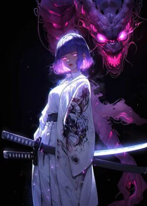 Anime Girl and Dragon: Mystical Warrior - Premium Wooden Framed Poster. Ready to Hang.