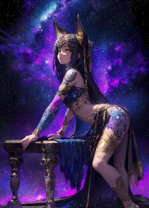 Starry Night Bastet: Celestial Goddess Art Print - Premium Wooden Framed Poster. Ready to Hang.