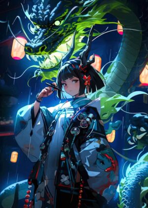 Anime Girl with Dragon Art Print - Premium Wooden Framed Poster. Ready to Hang.