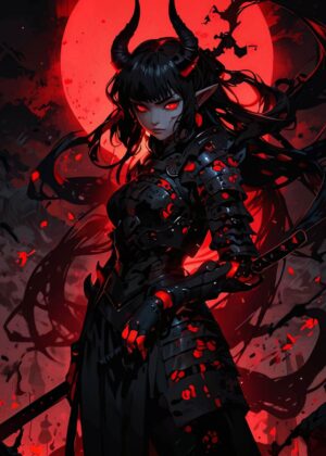 Demonic Samurai Girl: Dark Fantasy Art Print - Premium Wooden Framed Poster. Ready to Hang.