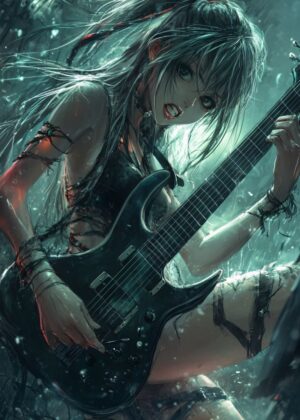 Anime Rock Guitarist Girl: Fierce and Passionate - Premium Wooden Framed Poster. Ready to Hang.