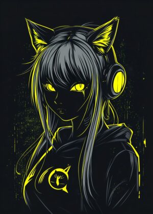 Neon Cyberpunk Anime Girl Art Print - Premium Wooden Framed Poster. Ready to Hang.