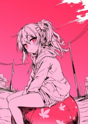 Anime Girl Sitting on a Ball: Vibrant Pink Artwork - Premium Wooden Framed Poster. Ready to Hang.