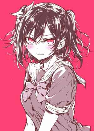 Anime Girl with Pink Cheeks: A Stylish and Cute Illustration - Premium Wooden Framed Poster. Ready to Hang.