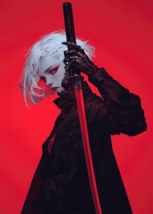 Cyberpunk Samurai Girl: Digital Art Print - Premium Wooden Framed Poster. Ready to Hang.